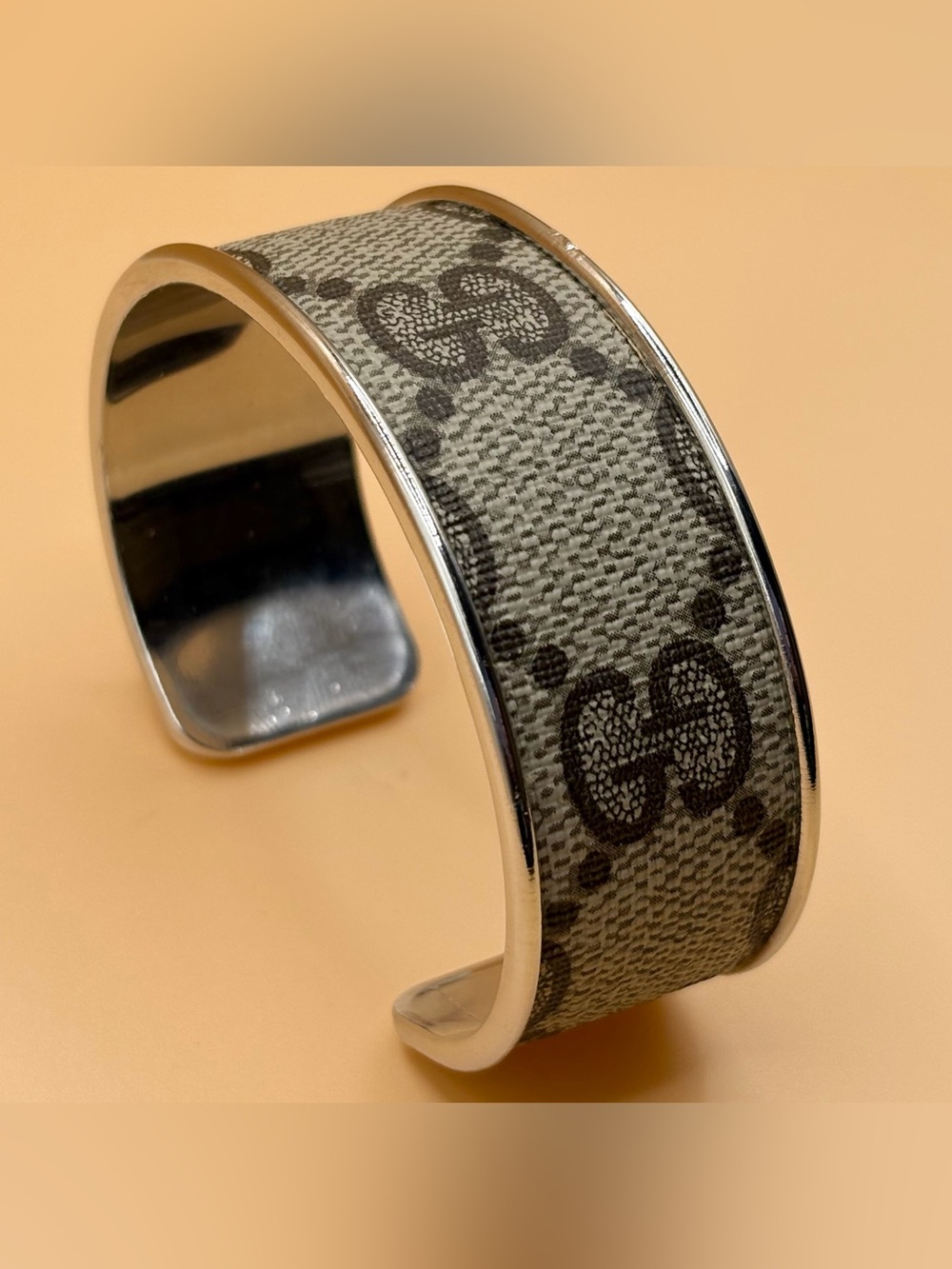 Classic GG Gucci Patterned Fabric Cuff Bracelet with Silver Trim